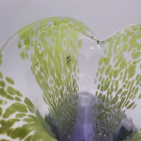 Vntg Murano Style Art Glass 7 1/2" Lime Green Clear Indigo Purple Vase - Picture 9 of 13